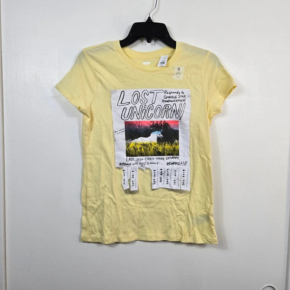 Old Navy Girls Yellow Lost Unicorn Short Sleeve Graphic Tee XL/14 NEW Whimsical